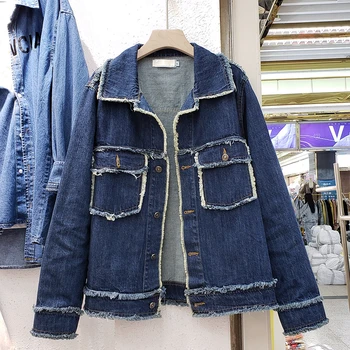 

Retro Dark Blue Loose Jeans Coat Women's 2020 Spring Fall New Pocket Tops Europe and America Ripped Jean Jacket Female Coat