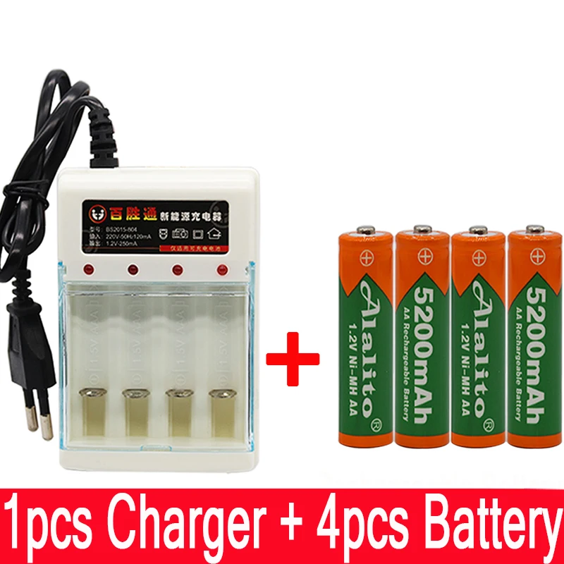 Alalito 1,2 V 5200mAh NI MH AA предварительно Заряженная NI-MH аккумуляторная батарея aa для игрушек камеры батареи для микрофона+ зарядное устройство - Цвет: Черный