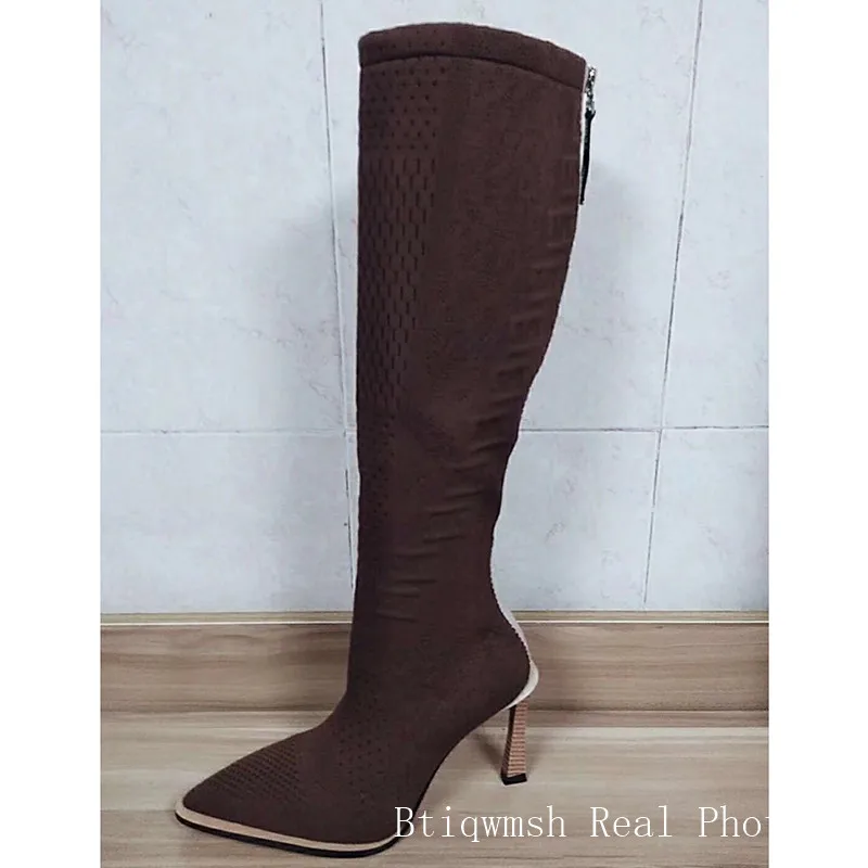 Вязаные эластичные сапоги до колена; женская обувь с острым носком и вышивкой на необычном высоком каблуке; женские эластичные ботильоны для подиума - Цвет: brown long boots