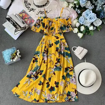 

ICHOIX summer floral print beach dress slash neck sexy long dress casual holiday ruffled dress slim waist bohemian women dress