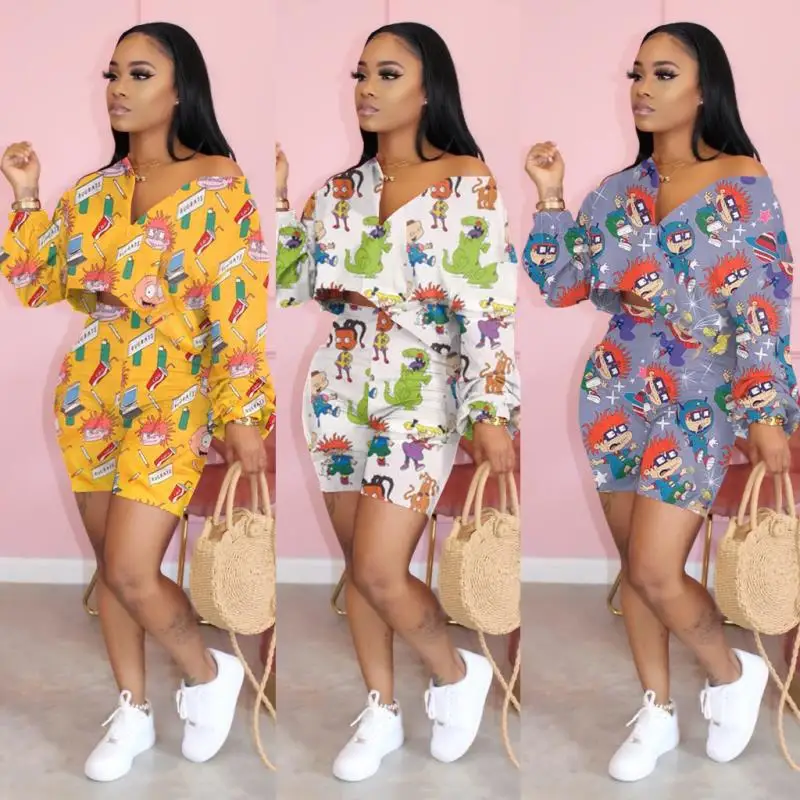 

Two pieces of fashionable and sexy cartoon printing set of 2020 popular women's wear in Europe and America