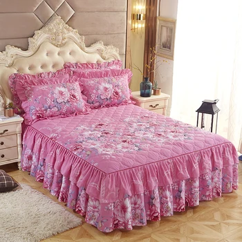 

New Romantic Two Layer quilted Bed Skirt Thickened Sanding Bedspread Fitted Sheet Cover Soft Non-Slip Bed Skirts
