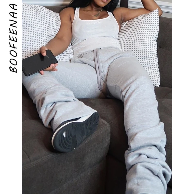 BOOFEENAA Street Style Gray Sweatpants for Women Drawstring Casual Extra Long Stacked Pants Winter Thick Warm Trousers C85-CD57 adidas pants