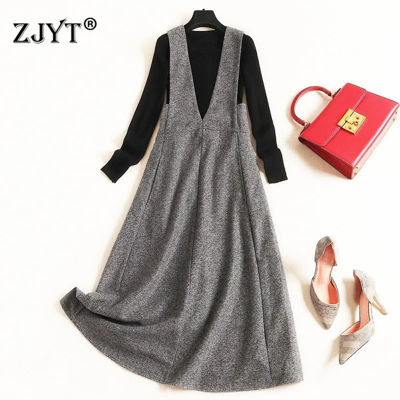 

Fashion New 2019 Fall Winter Dresses for Women Elegant Long Sleeve Black Knit Top and Tank Woolen Dress 2piece Set Casual
