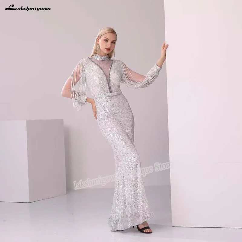Lakshmigown элегантное серебряное блестящее вечернее платье русалки с длинным рукавом, Длинные вечерние платья для выпускного вечера, вечернее платье, vestido longo