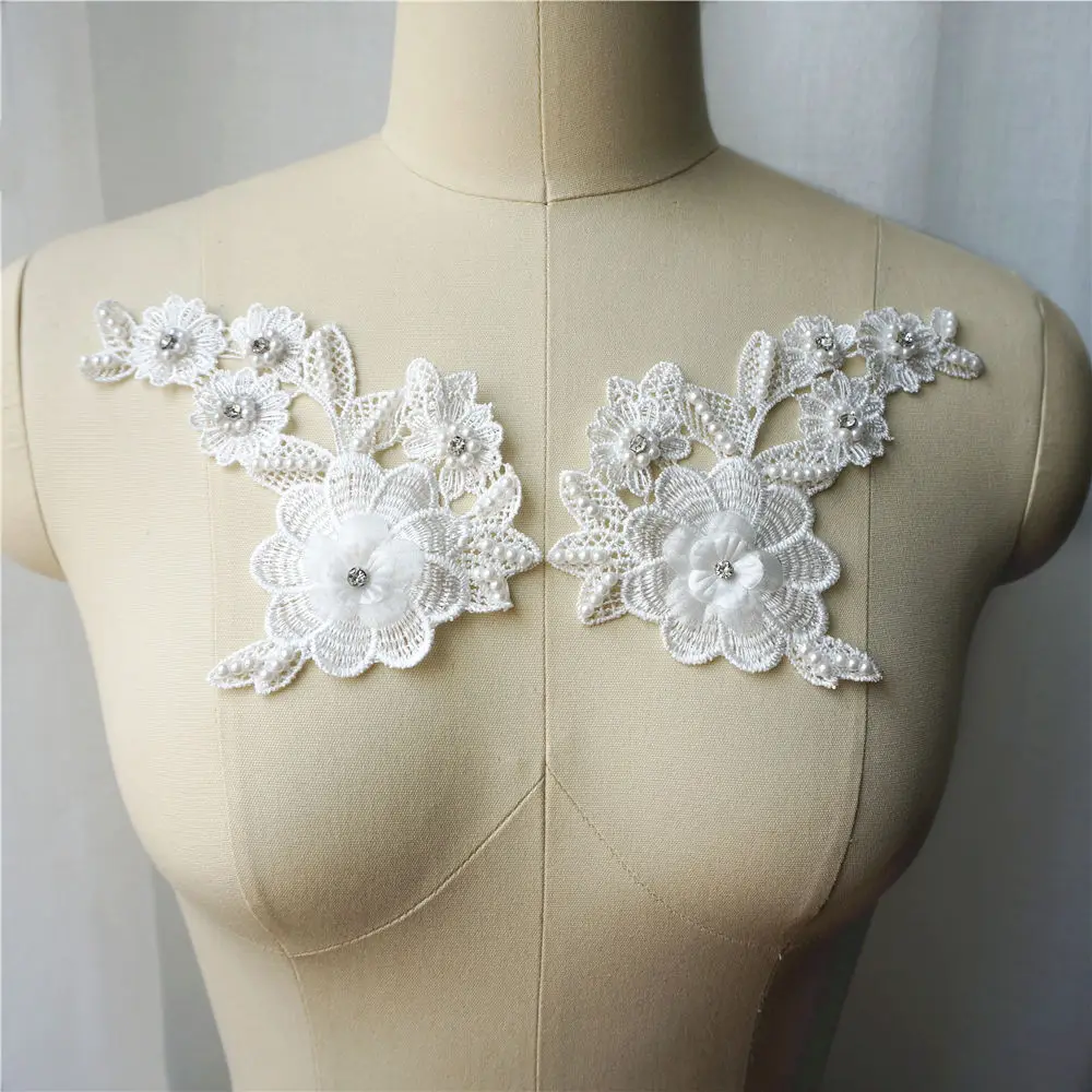 2 шт. белые цветы стразы бусины искусственная кружевная ткань отделка воротника
