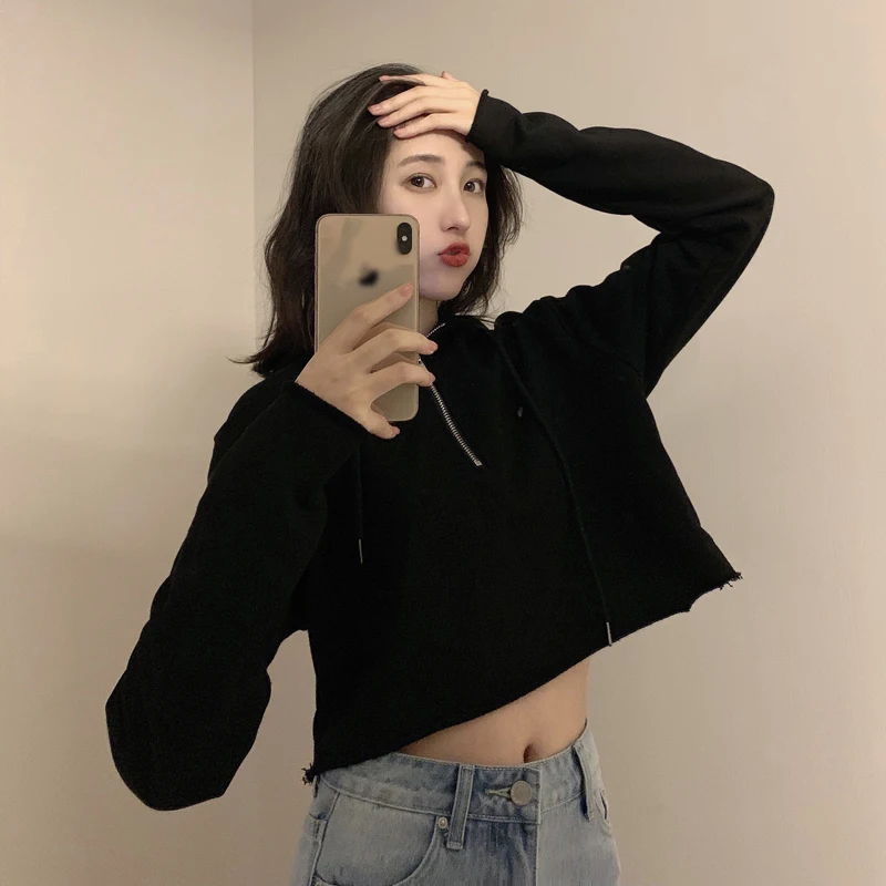 

Fashion Hooded Short Sweatshirt for Women 2019 Autumn and Winter Casual Solid Color Loose Pullover Street Harajuku Hip Hop Top
