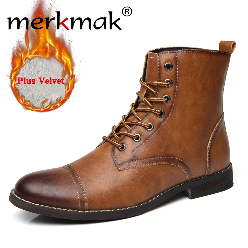 

Merkmak 2020 Men Fashion Boots British Vintage Genuine Leather Boots Autumn Winter Plus Velvet Warm Men's Ankle Boots Plus Size