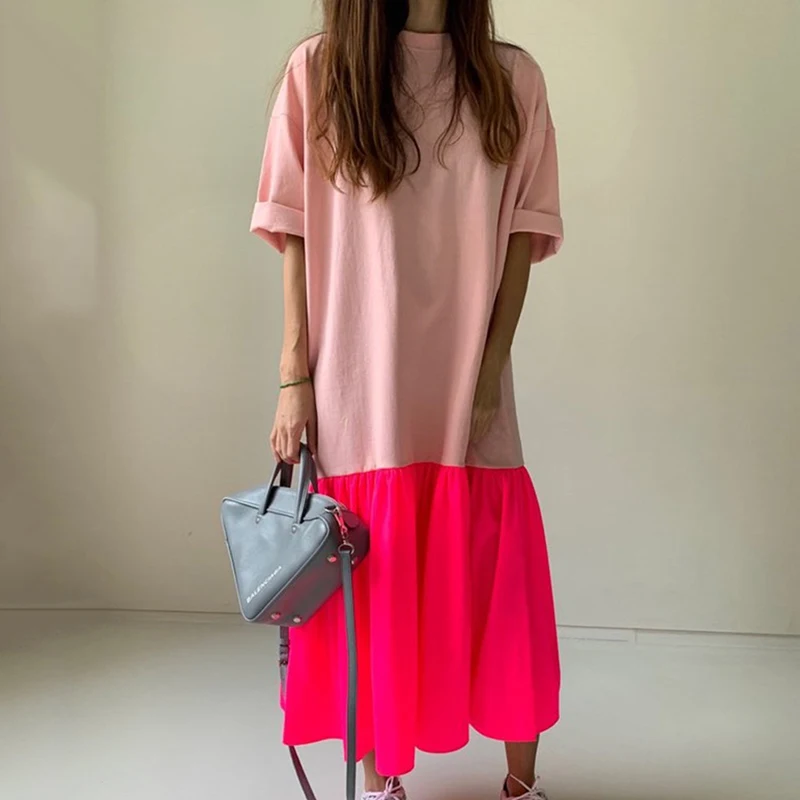 详情 (8).jpg TWOTWINSTYLE Elegant Patchwork Hit Color Dress Women O Neck Half Sleeve Oversize Casual Midi Dresses Female 2020 Summer Clothes