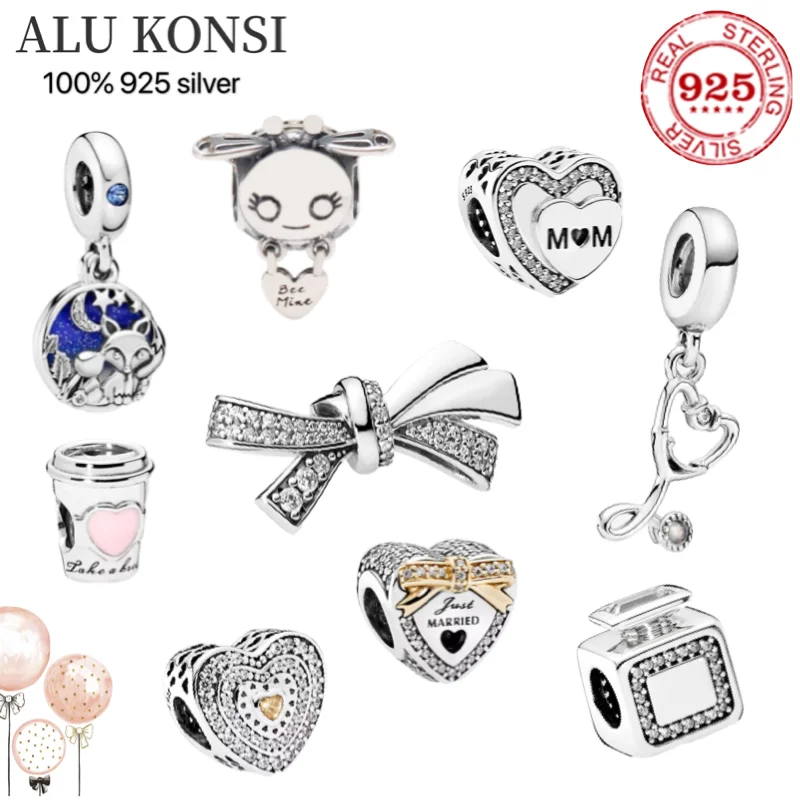 Hot Sale 100% Real 925 Sterling Silver pan Bead Love heart  for WomenFit Original Charm bracelet DIY perfume  bowknot   Jewelry