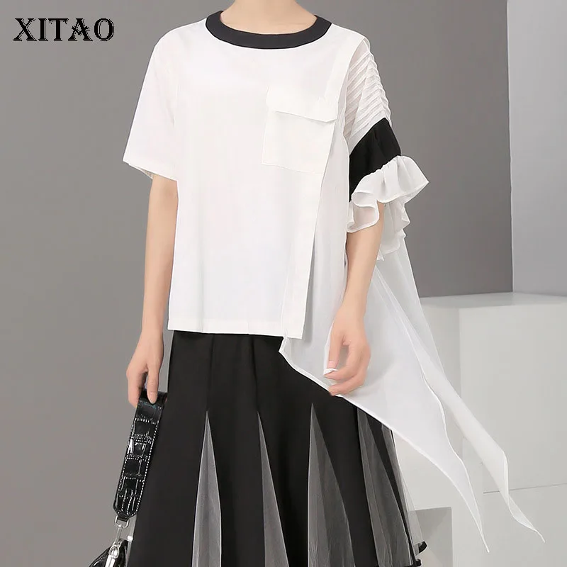 

XITAO O Neck Chiffon Ruffle Patchwork T Shirt Fashion Individuality Pocket Zipper T Shirt Women 2019 Autumn New Tee WQR1542