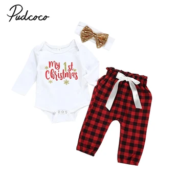

Pudcoco Newborn Baby Girls Boys Xmas Outfits Long Sleeve Cartoon Romper Tops + Plaid Check Pants + Hats Christmas Clothes Set
