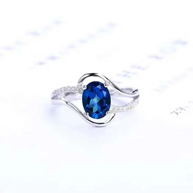 

925 Sterling Natural Stone Deep Yan Switzerland Blue Topaz Ring Whole Net Ring Gem Full Fire Color
