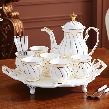 

Coffee Cup Set Bone China Coffeeware Set Teaware Set Golden Rim Tea Set Mugs Cups Tray Spoon Home Decoration