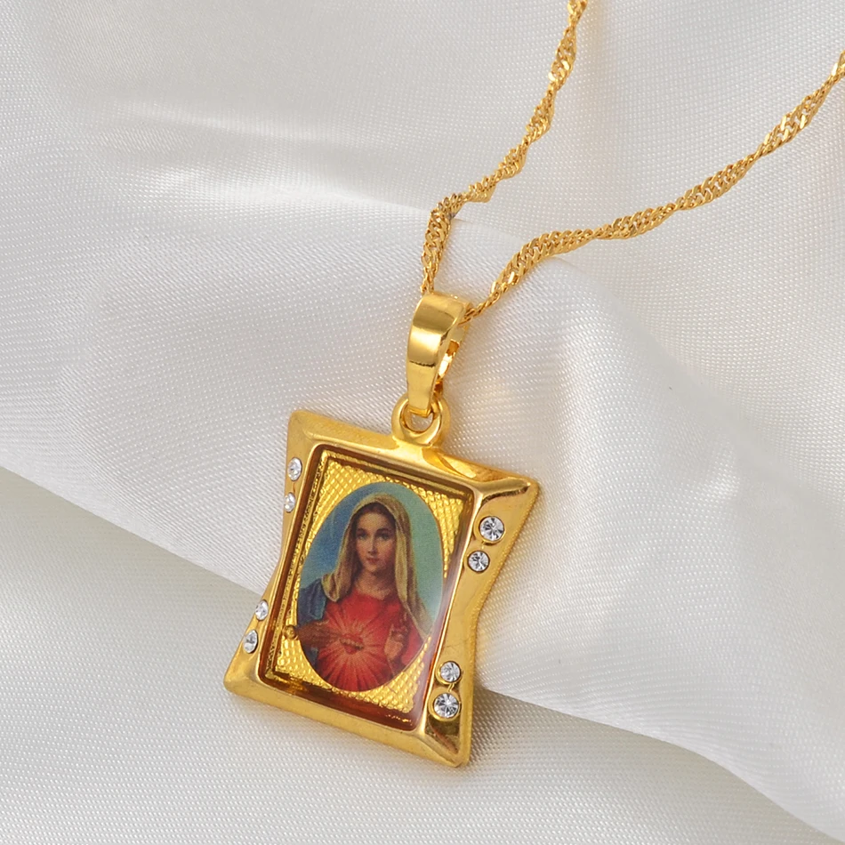 Anniyo Lucky Gold Color Enamel Blessed Virgin Mary Pendant Necklaces