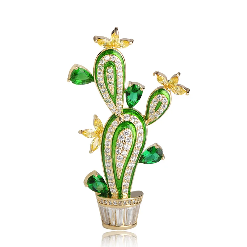 Funmor Cactus Shape Plant Flower Brooches For Women Men Cubic Zircon Wedding Party Jewelry Hijab Pins Clothes Suit Accessories