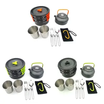 

10pcs Camping Cookware Mess Kit, Lightweight Pot Pan Kettle with 2 Cups, Fork Knife Spoon Kit for Backpacking, Outdoor Camping H