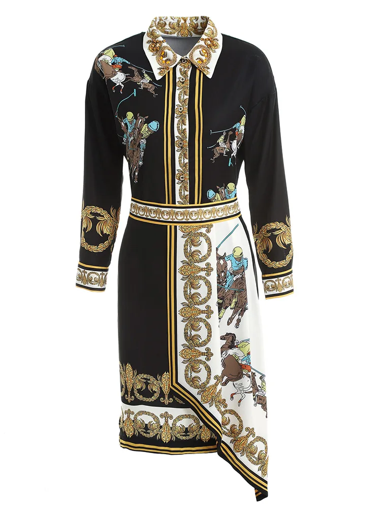10.5 High quality Autumn New diamonds beading Turn-down collar long sleeve blouses Package Hip asymmetrical skirt print suit - Цвет: AS picture