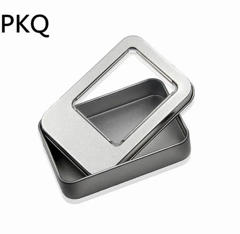 

8.8x6x1.8cm 50pcs Silver Small Empty Plain Metal Storage Bit Box with window Tinplate Flip cover Metal gift packaging box