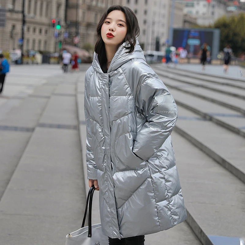 New Oversized Coats Thick Winter Jacket Women Hooded White Duck Down Bright Coat Long Jacket Female Parkas Mujer Maxi Coats