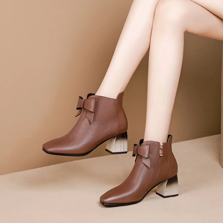 

MLJUESE 2020 women ankle boots cow leather square toe winter short plush bow-tied square heel women boots size 34-42