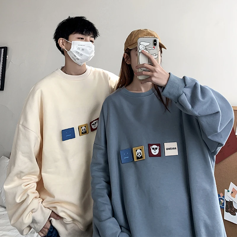 

HW 2020 New Plus Size Sweatshirts Couples Print Fashion Hoodies Hip Hop Pullover O-Neck Cotton Top Clothing
