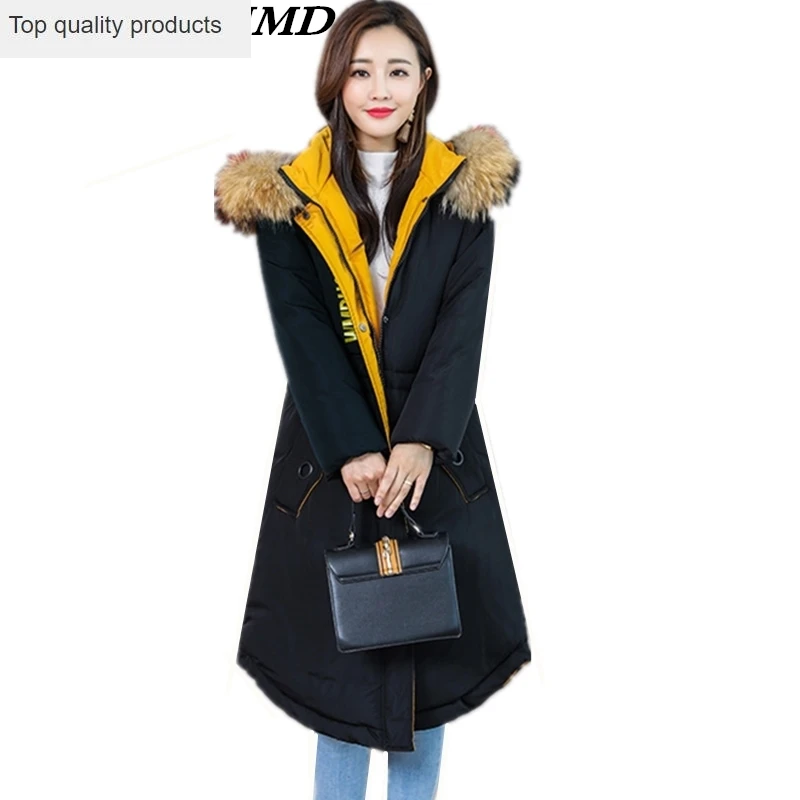 

2020 New Women Winter Jacket Hooded Fur Collar Cotton Coat Warm Large Size Thicken Loose Long Outerwear Winter Women Parka CW110