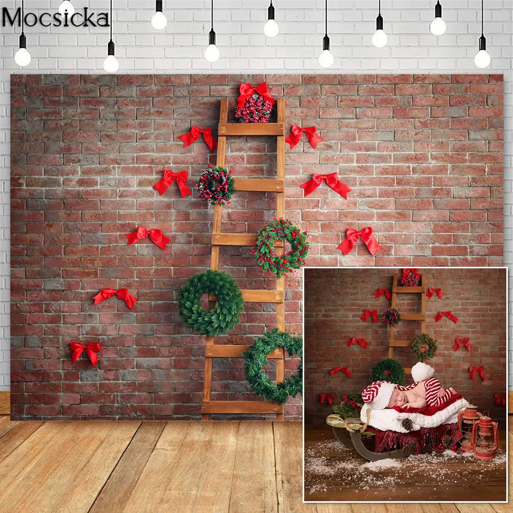 

Mocsicka Red Brick Wall Photography Backdrops Ladder Wreath Decor Newborn Baby Kids Portrait Photo Props Studio Booth Background