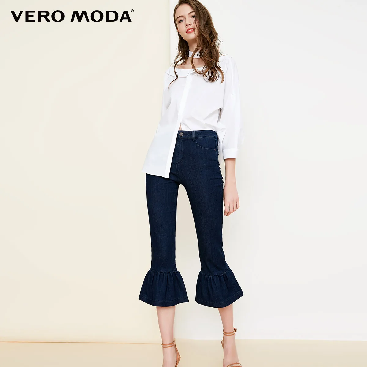 

Vero Moda 2019 New Arrivals Women's Slim Fit High-rise Ruffled Capri Jeans | 31836I501