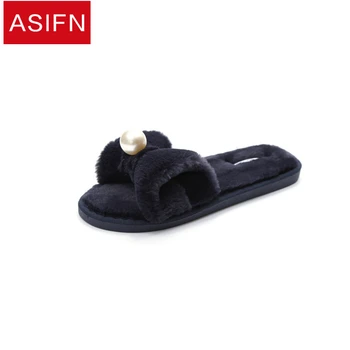 

ASIFN Women Slippers Warm Furry Winter Shoes Woman Pearl Cute Bow-knot Faux Female Soft Home Slipper with Fur Flip Flops