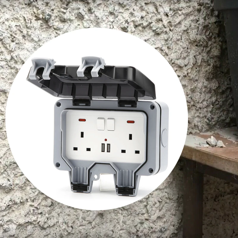 Electrical Wall Socket Waterproof Outdoor 13A Switched 2 Gang Uk/Eu Ip66 Outside Use Double Outlets Outdoor Socket Electrical Wall Socket Waterproof Outdoor 13A Switched 2 Gang Uk/Eu Ip66 Outside Use Double Outlets Outdoor Socket