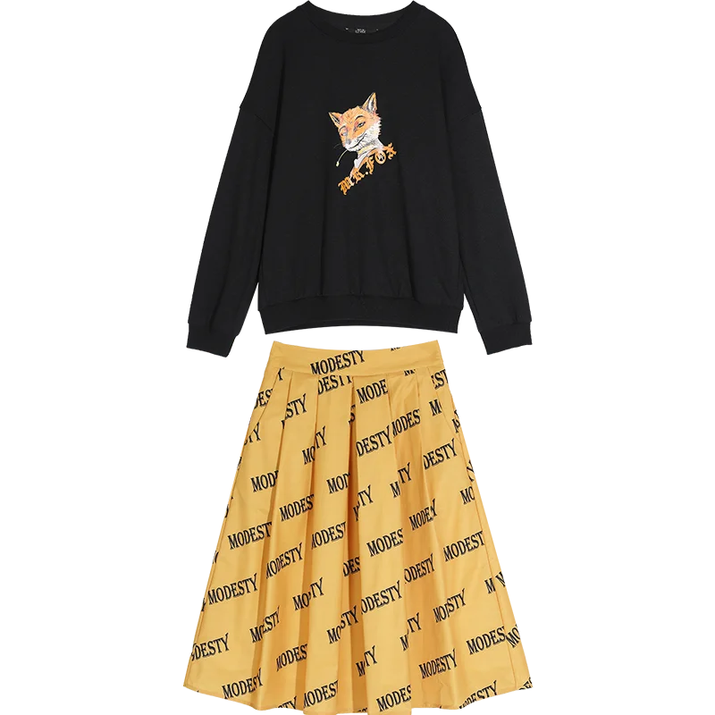 Black ELFSACK, черные, одноцветные, с принтом лисы, повседневные, женские, подходящие комплекты,, зимние, белые, одноцветные, с буквенным принтом, элегантные, офисные, дамские костюмы из двух частей - Цвет: Black