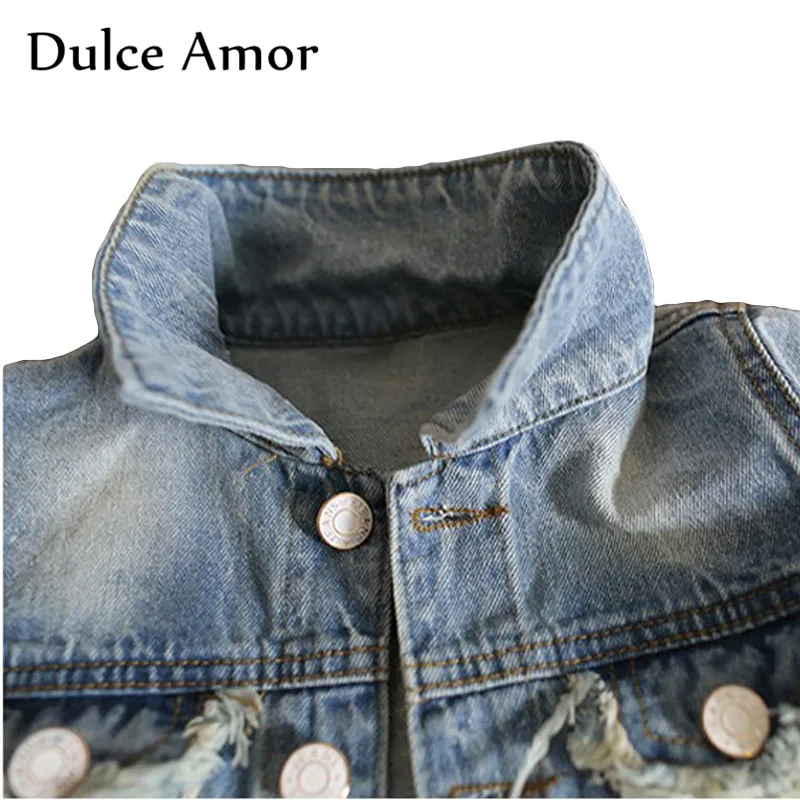 Dulce Amor/куртка для маленьких девочек, одежда, джинсовое пальто с дырками, осенняя Модная Джинсовая Верхняя одежда с блестками для маленьких девочек, От 1 до 12 лет