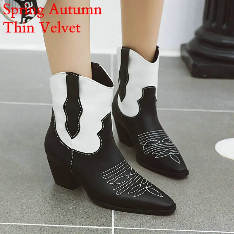 White B Autumn HTUUA брендовые вышитые ковбойские сапоги Вестерн для Для женщин квадратный каблук короткие ботильоны Обувь на теплом меху женские осенние и зимние сапоги SX3364 - Цвет: White B Autumn