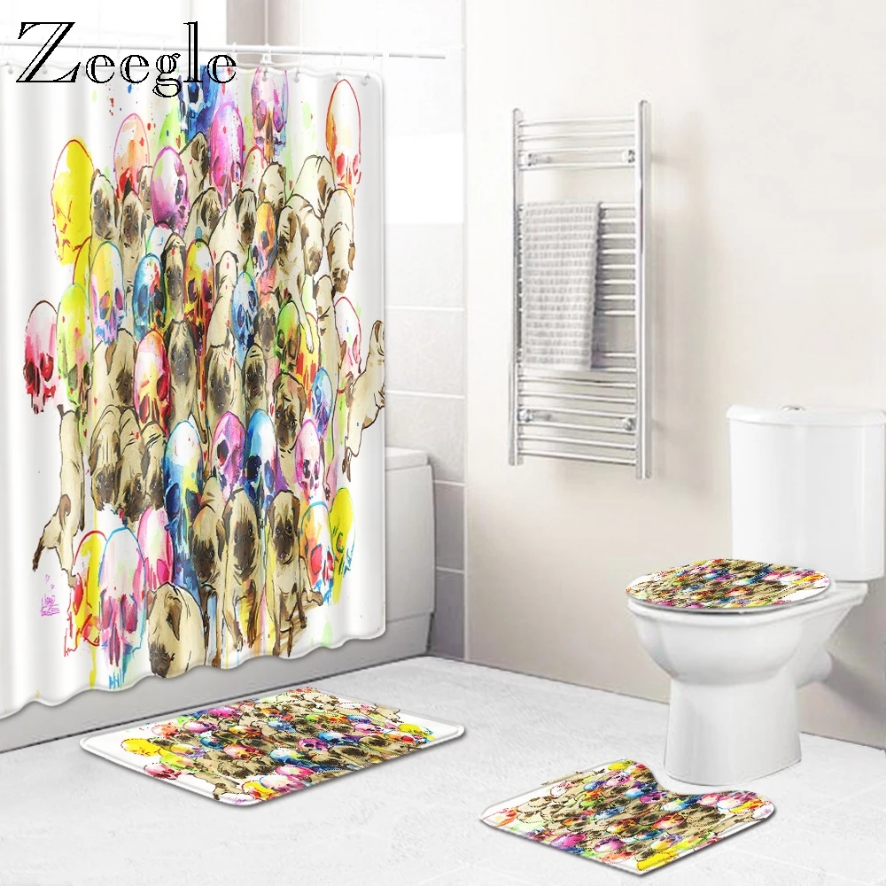 Zeegle Halloween Bath Mat Set Pedestal Rug Lid Toilet Cover Toilet Foot Rug Bath Shower Curtain with Hooks Toilet Entrance Mat