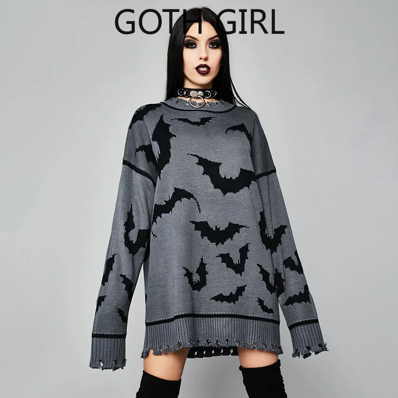 

Goth Girl Dark Street Style Women's Sweater Autumn New Pullover Extended Bat Tattered Sweater Fall 2020 Women Vintage Sweater