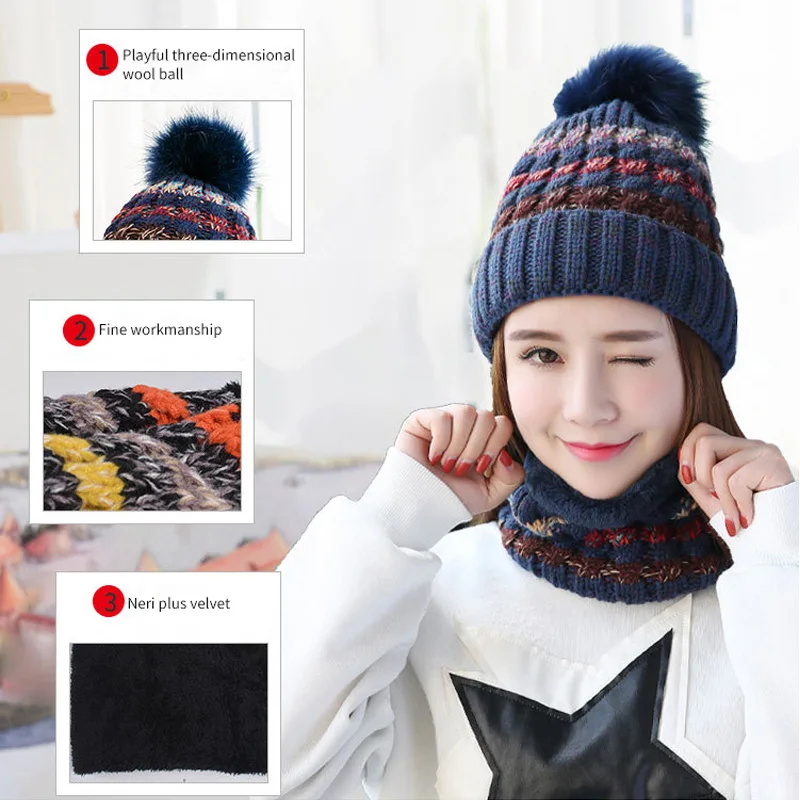 

Fashion Women Warm Earmuffs Knitted Wool Hat and Scarf Sets Lady Autumn Winter Cycling Cap Accessories