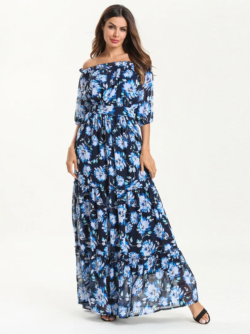 Summer Chiffon Print Women A-Line Dress Elastic Waist Slash Neck Half Sleeve Wrapped Breast Dresses Office Ladies