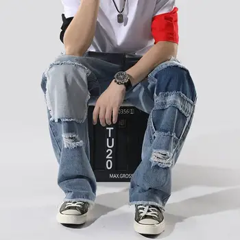 

#1406 Ripped Denim Jeans Men Loose Straight Men Biker Jeans With Holes Hip Hop Jeans Fashion Streetwear Jeans For Man Patchwork