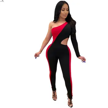 

2020 Summer Women Jumpsuits Patchwork One Sleeve Girl Streetwear Sexy Rompers Night Clubwear Party Bandage Elegant One Piece