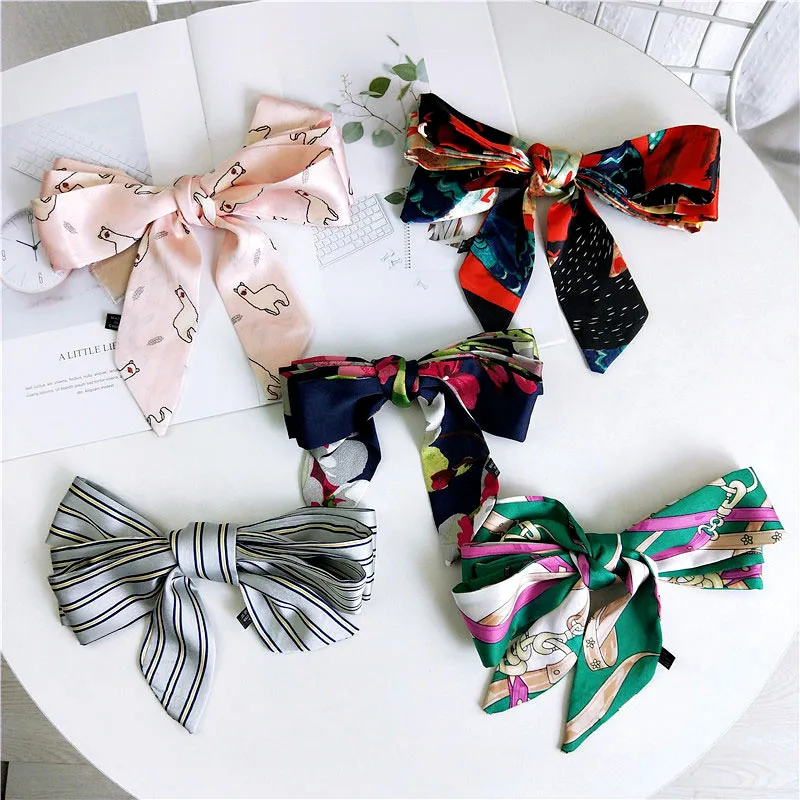 

2019 New Elegant Print Satin Hair Head Scarf Foulard Femme Women Long Skinny Bow Neck Collar Tie Scarves Shawls Hand Bag Scarfs