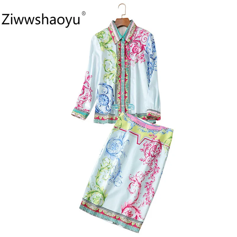 Ziwwshaoyu Осенняя юбка с рюшами костюм Женская блузка с длинными рукавами+ юбка с высокой талией винтажные женские костюмы с тотемом