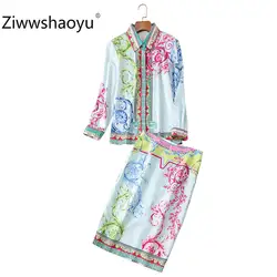 Ziwwshaoyu 2019 Осенняя юбка с рюшами костюм Женская блузка с длинными рукавами + юбка с высокой талией винтажные женские костюмы с тотемом