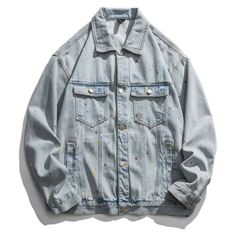 

Джинсовая куртка мужская, мотоциклетная однобортная куртка с отложным воротником, светильник ная свободная уличная одежда светло-голубого цвета в стиле хип-хоп