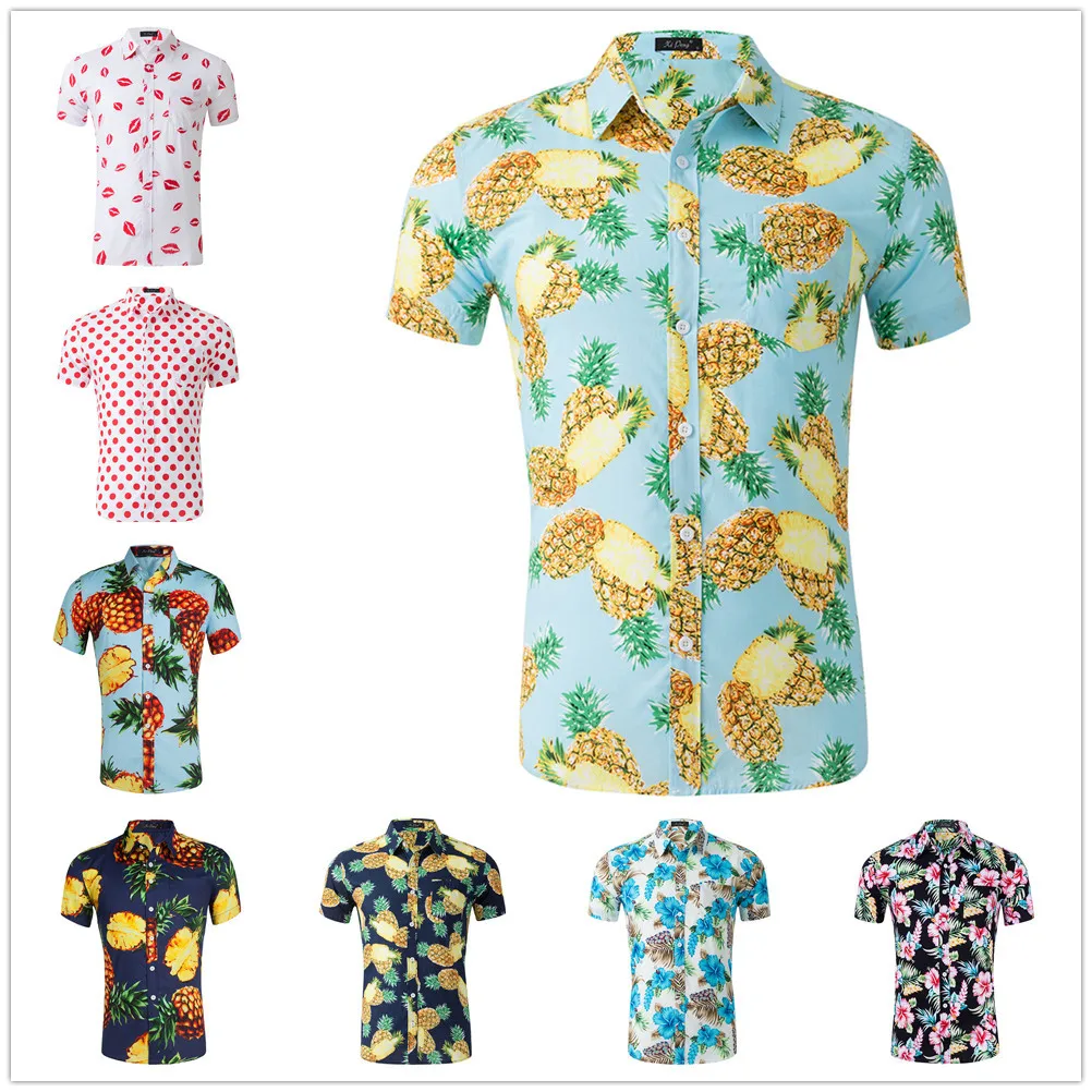 

Pineapple Print Mens Shirt Short Sleeves camisas hombre Turn Down Collar Causal Vacation camisa masculina Hawaiian Shirt Mans