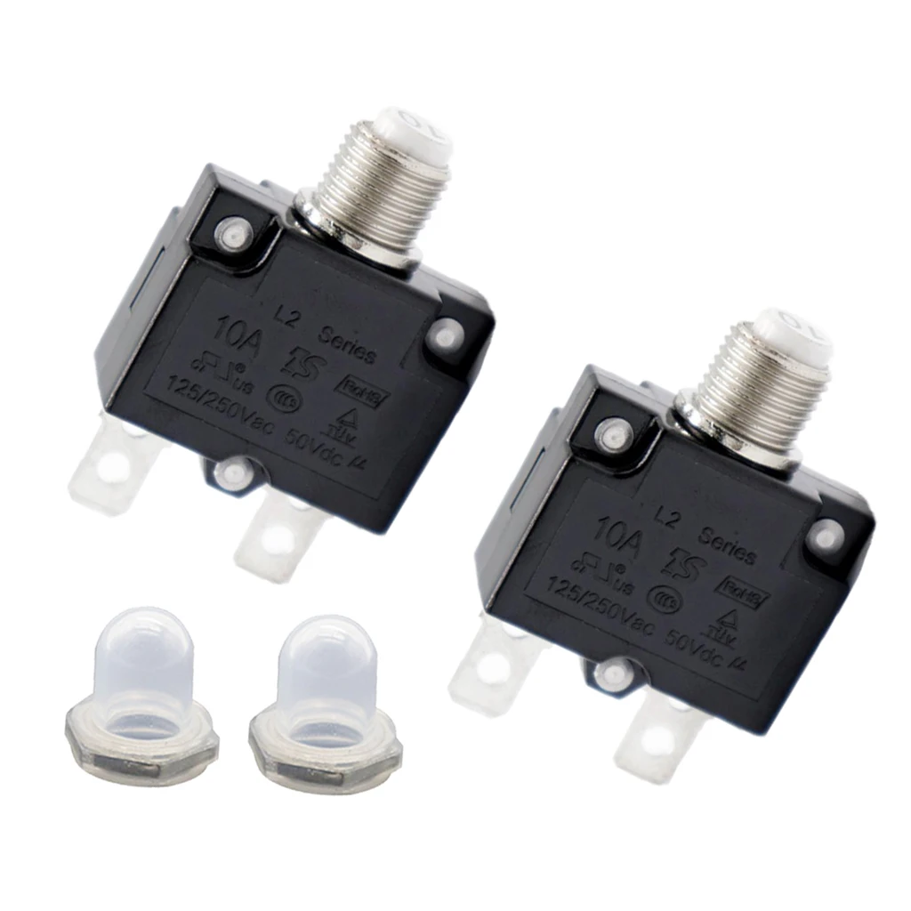 2 Pieces 10A Manual Reset Thermal Circuit Breaker Overload Protector Switch + Clear Caps 2 Pieces 10A Manual Reset Thermal Circuit Breaker Overload Protector Switch + Clear Caps