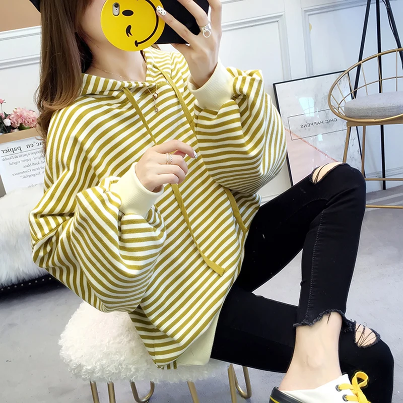 HAYBLST бренд женские толстовки осень зима мода полосатый пэчворк Kawaii Свободные топы Плюс Размер XL корейский стиль Женская одежда s