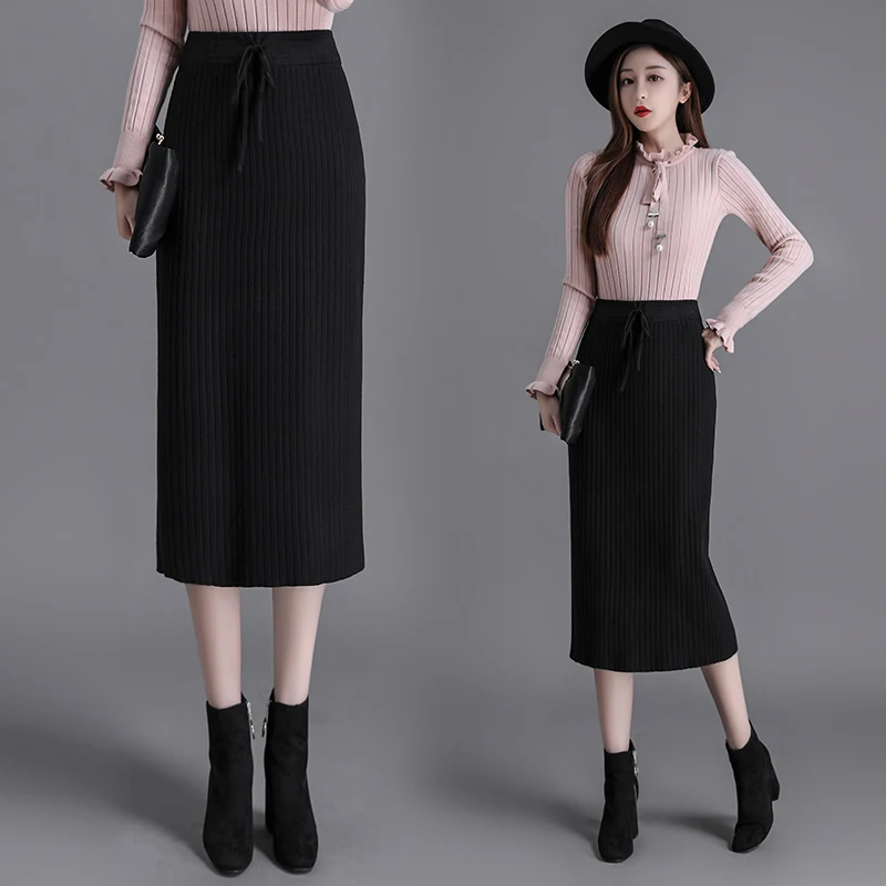 High Waist Mid-calf Knit Women Pleated Skirt 2021 Autumn Winter Thick Warm A Line Chic Knitted Sweater Femme U403 | Женская одежда