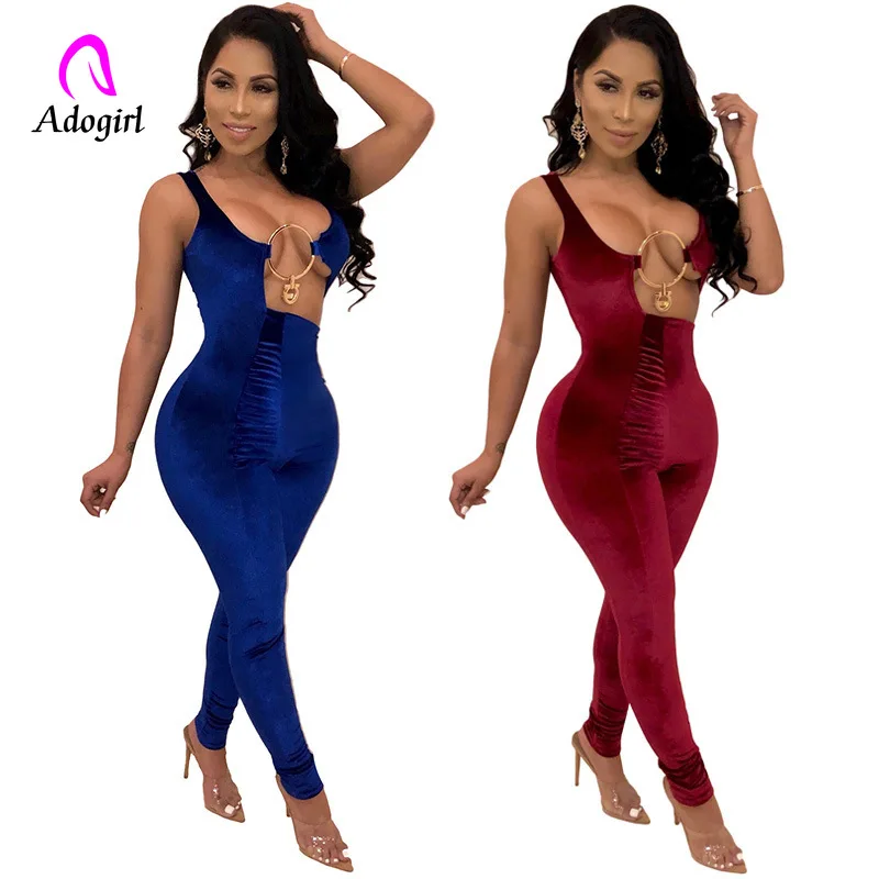 

Burgundy Irregular Hollow Out Velvet Jumpsuit Solid Blue V Neck Sleeveless Romper 2020 Spring Women Sexy Night Club Party Outfit
