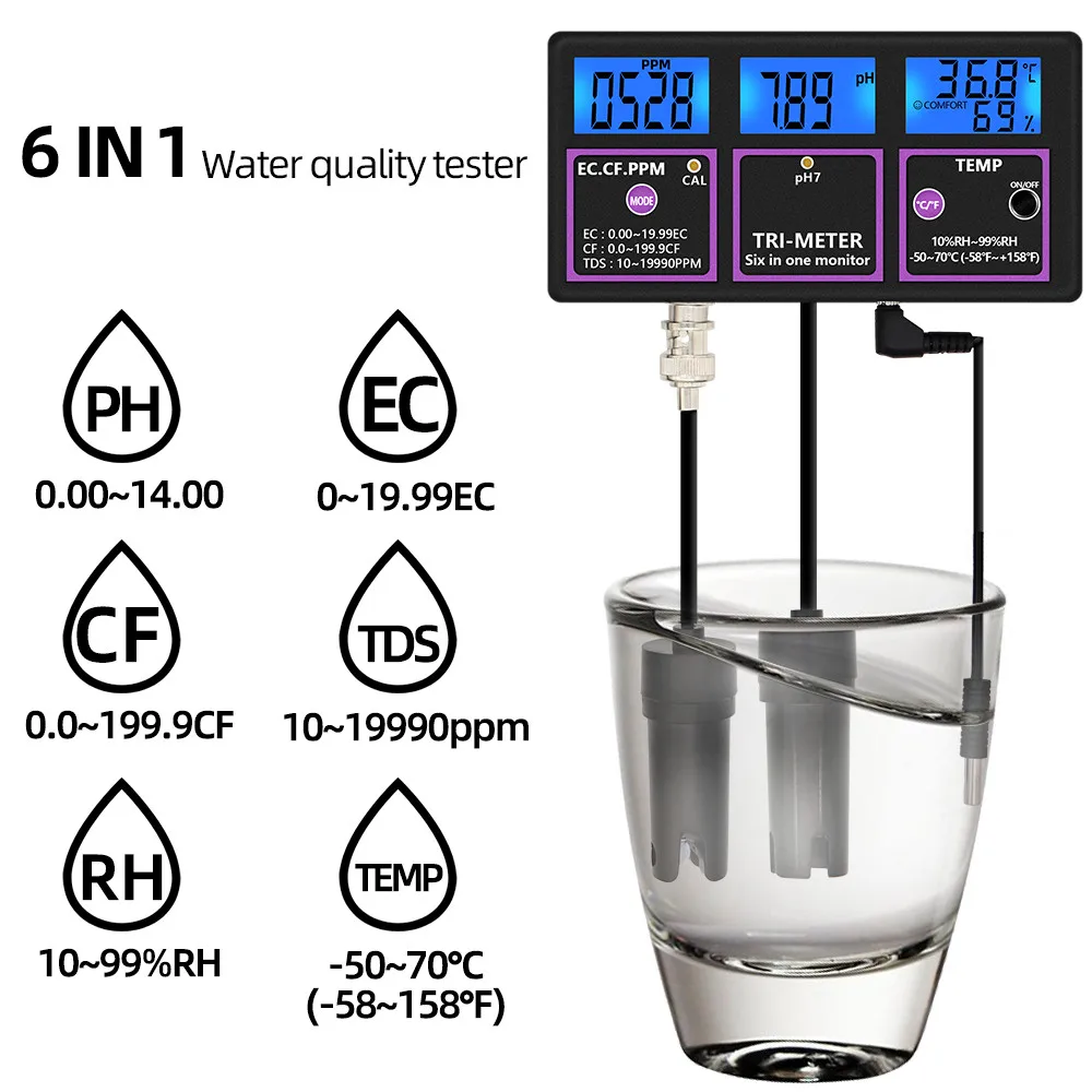 Digital 6-in-1 PH/TEMP/EC/CF/RH/TDS Detector Water Quality Tester Monitor